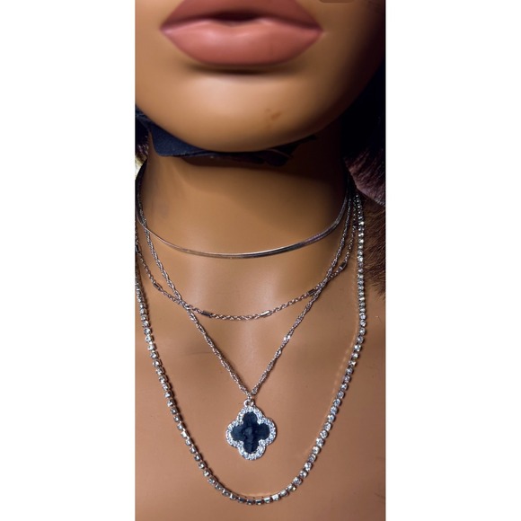 Jewelry - Silver Rhinestone Clover Necklace‎ Tennis Chain Lucky Charm Mothers Day Gift